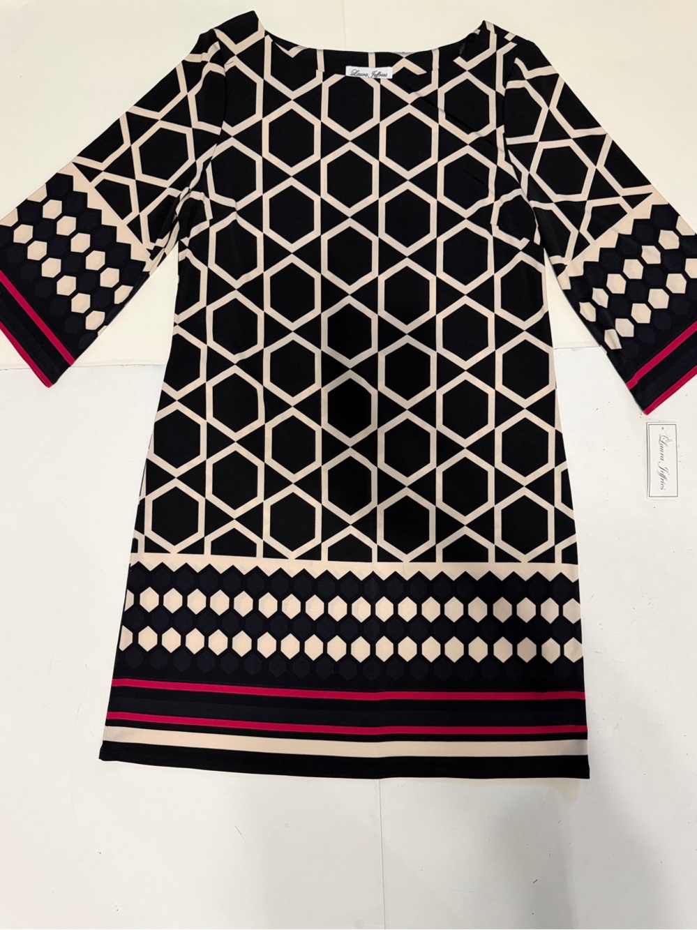 Geometric Black & Cream Midi Dress with Pink Stripe Accents
